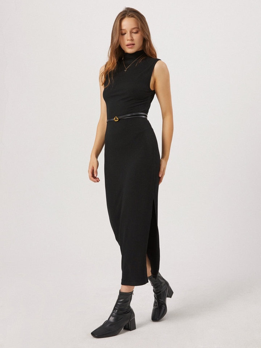 Sleeveless Black Ribbed Mock Neck Maxi Dress